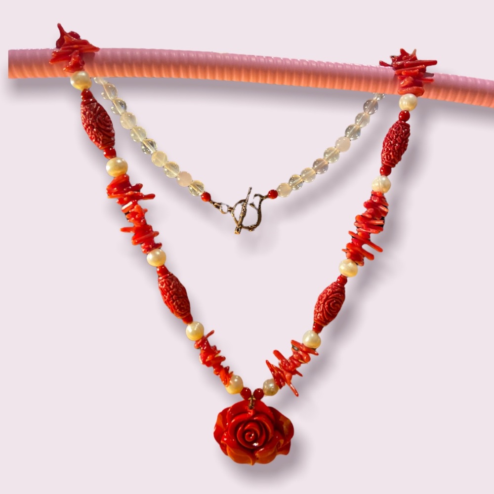 artisan Red coral and freshwater Pearl necklace handmade